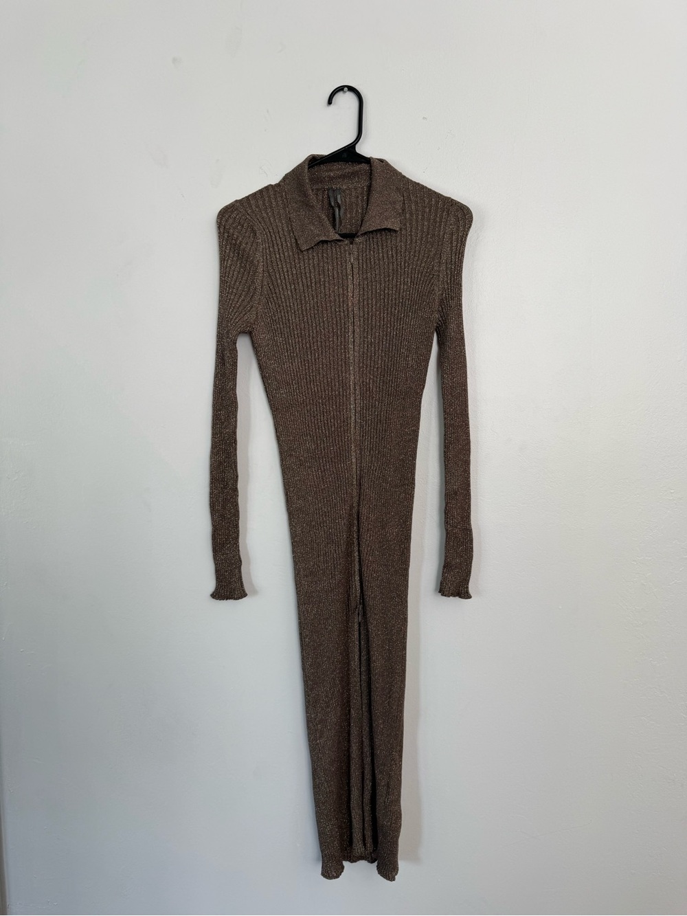 Anthropologie Brown Ribbed Zip-Front Maxi Dress